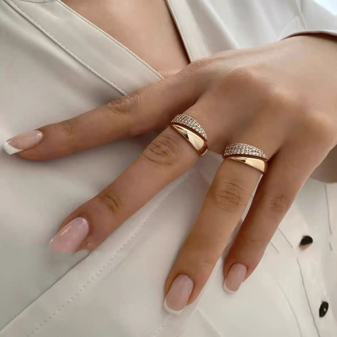 Adjustable Open Ring with Cubic Zirconia Golden Tone Copper Wedding Engagement